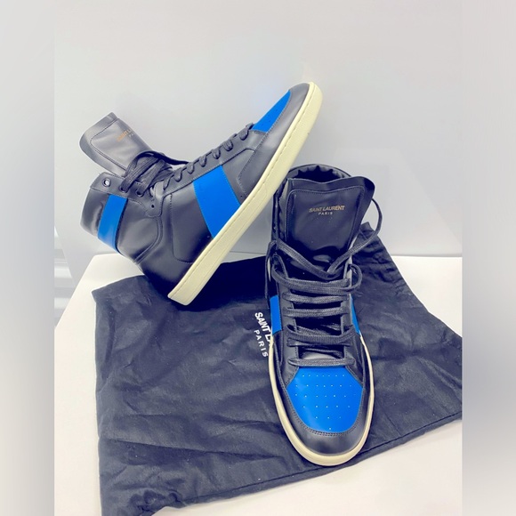 SAINT LAURENT Black & Blue Metal COURT CLASSIC High Sneakers Men's 44 is 11 - Picture 1 of 9